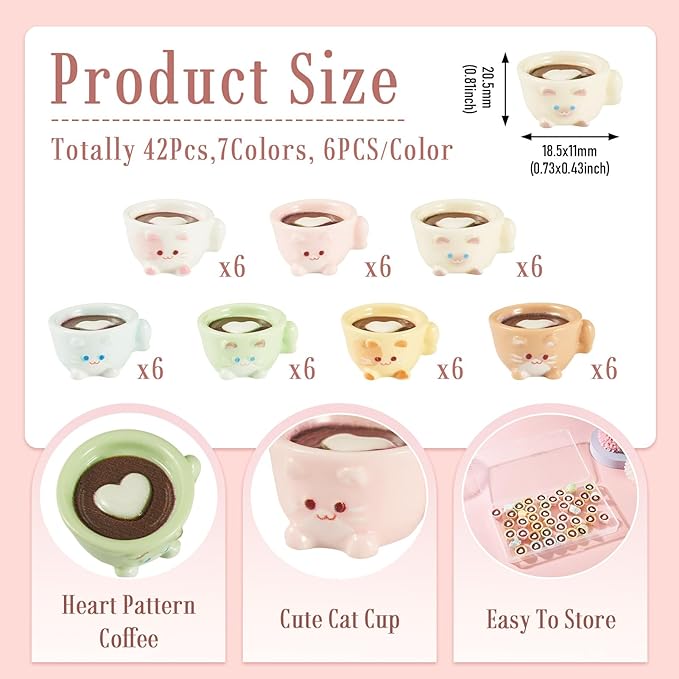 Cheriswelry 42Pcs Mini Coffee Cups Resin Cat Coffee Mug Miniature Ornaments Dollhouse Kitchen Set Imitation Food Drink Lovely Tableware Accessory 20.5x18.5mm for Play Party Desktop Decoration