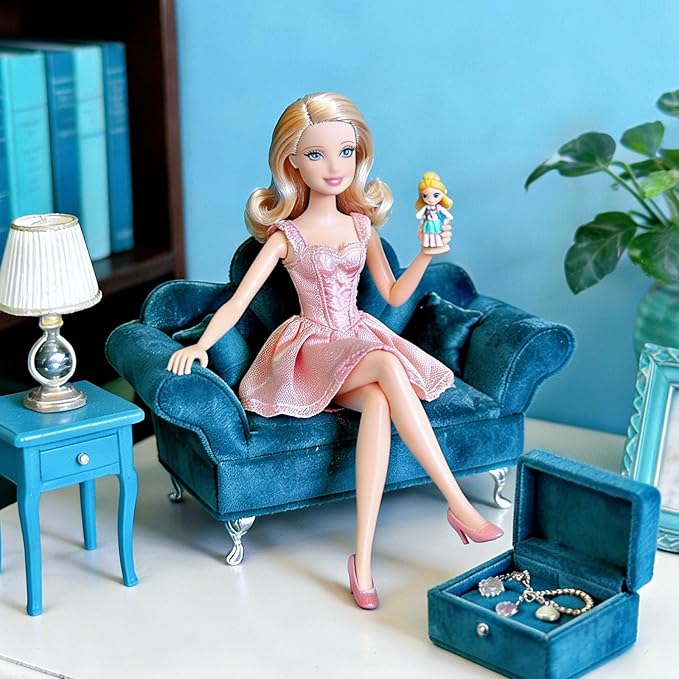 Modern Dollhouse Furniture, 1/6 Scale of Miniature Dollhouse Sofa, Openable Sofa Mini Jewelry Display Storage Box with Mini Mirror for Earrings, Necklaces, Bracelets (Blue Velvet)