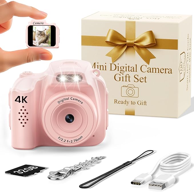 FLATIC Mini Keychain Camera –4K Digital Tiny Camera with 32GB Card & Elegant Gift Box, Fun Pocket-Sized Gadget for Kids & Adults, Collectible Gift for Travel, Birthdays & Stocking Stuffers (Pink)