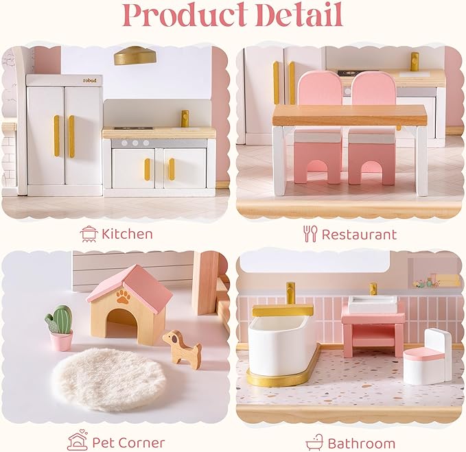 ROBUD Wooden Dollhouse Furniture Set, 28 Pcs Doll House Accessories, Miniature Furniture Including 6 Room Kits, Pretend Play Toys, Gift for Boys and Girls,3+