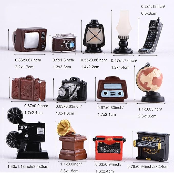 Pinenjoy 13Pcs Miniature Home Appliances 1inch Retro Dollhouse Furniture Mini Simulated Resin Camera Telephone Television Models for DIY Diorama Micro Landscape Craft