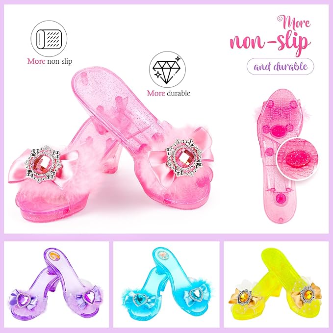 Jeowoqao Princess Dress up Shoes,Girls Dress up Shoes Princess Dress Up Pretend Play Set 4 Pair of Princess Shoes, Princess Dresses Princess Cape Jewelry Toys for Toddler Girls Age 3 4 5 6 Years Gift