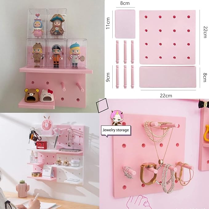 HGYZE Peg Boards for Walls with Shelf & Hooks, No Punching Craft Room Storage for Bedroom Garage Living Room Office, Pegboard Ledges Organizer, 4 Pack Decorative Wall Panel Kits for Blindboxes (Pink)