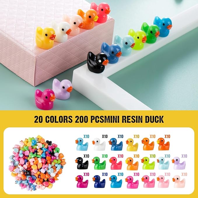 200 Pcs Mini Resin Duck Colorful Miniature Figures Micro Fairy Garden Landscape Aquarium Hide and Seek Dollhouse Cake Decoration Potted Plants DIY Slime Craft Charms for Party Toys Game Gift