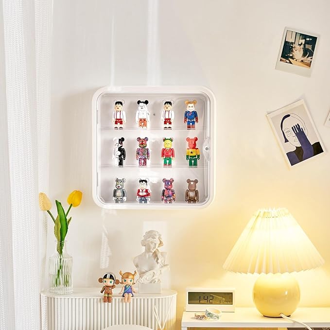 Clear Display Case for Figures, Wall Mounted Clear Display Box, 3 Tiers Adjustable Acrylic Display Box Stand with Magnetic Door for Mini Action Figures Pop Mart Collectibles, White
