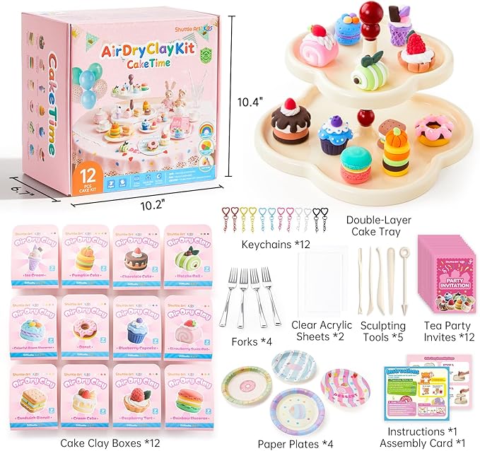 Shuttle Art Air Dry Clay for Kids - Cake Time, 52 PCS Modeling Clay Kit with Sculpting Tools and Tutorials, Safe & Non-Sticky, Craft Gifts for Boys & Girls