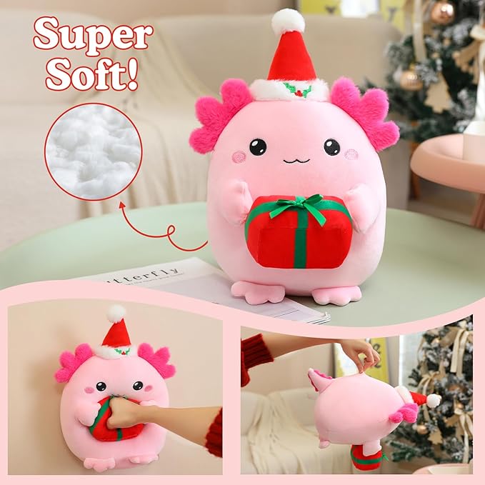 Christmas Axolotl Plush, Cute Axolotl Holding Gift Stuffed Animals Christmas Day Decor Party Favors for Girls and Boys(Pink)