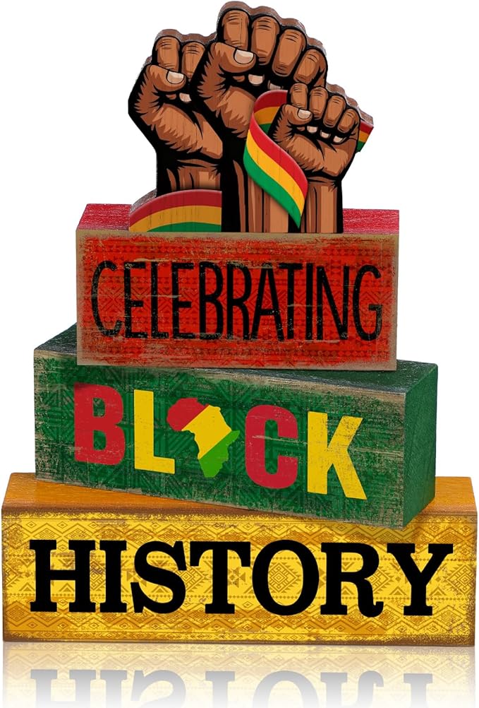 Moucuny 4 Pcs Black History Month Table Decorations Wooden Wrist Black History Month Tiered Tray Decor Red Yellow Green African American Centerpiece Rustic Wrist Block Signs Gift Farmhouse for Home