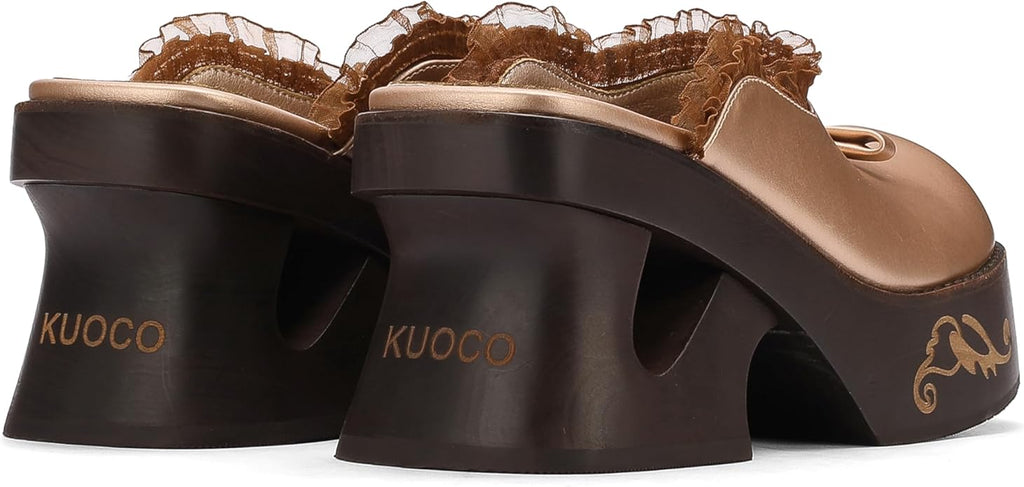 kuoco Handmade Swedish Wood Mules for Women Platform Low Heel Wooden Clogs Mules Open Back Faux Leather Clogs