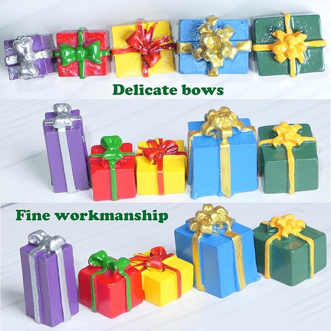 Christmas Miniature Gift Boxes Ornaments,60 Pcs Christmas Tree Mini Resin Presents Charms for Craft Dollhouse and Xmax Mini Decorations