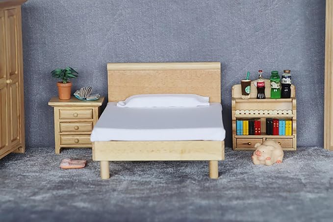 1/12 Dollhouse Bed Miniature Queen Woode Bed for Dollhouse Bedroom Furniture Accessories (Wood)