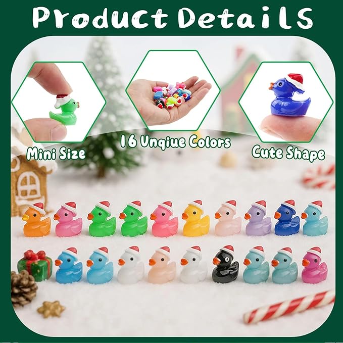 160 Pcs Christmas Mini Resin Ducks Tiny Santa Fairy Hat Duck Miniature Micro Landscape Garden Dollhouse Decor for Xmas Accessories DIY Craft Slime Party Gifts Prank Game Ornament Potted Plants