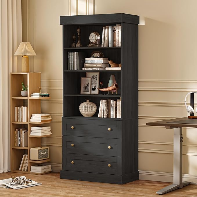 71" Tall Farmhouse Kitchen Pantry, Large Storage Cabinet with Adjustable Shelves, 3 Drawer, Wood Versatile Hutch Cabinet for Dining Room, Living Room, Black 2 PCS