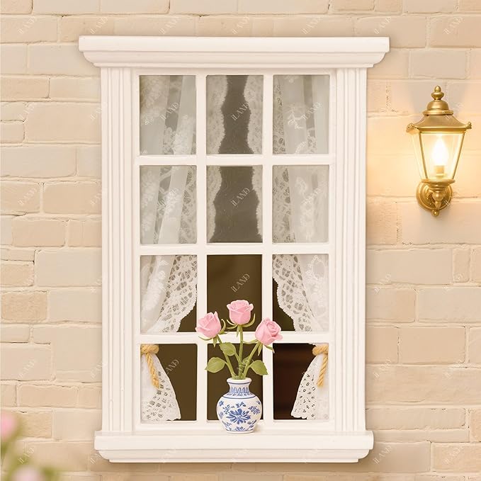 iLAND 1/12 Scale Accessories of Dollhouse Windows 2pcs White Solid Wood DIY Dollhouse Building Supplies Complete Classic Miniature Windows Kit w/Wooden Frame & Acrylic Panel