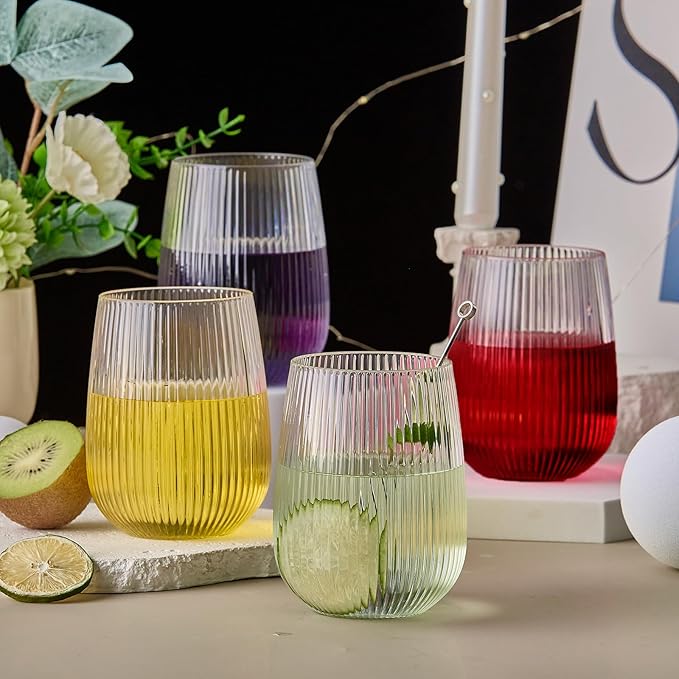 Lueumxc 36 Pack Plastic Ribbed Wine Glasses, 15Oz Origami Disposable Wine Glasses Unbreakable Clear Plastic Cocktail Glasses Recyclable Shatterproof Reusable Wine Cups