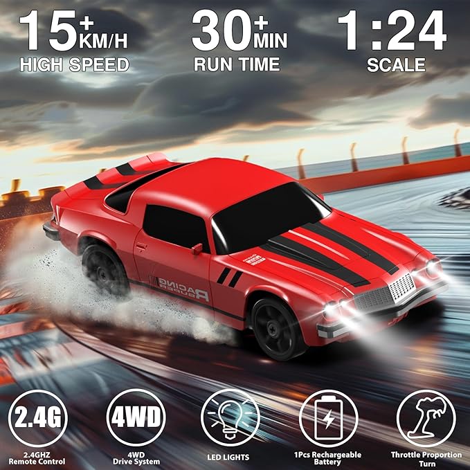 RC Drift Car 1:24 Remote Control Car 4WD 15KM/H High Speed Racing Sport Car with LED Lights RC Cars Toy for Kids Boys Girls Adults Gifts Birthday Christmas Rechargeable Batteries