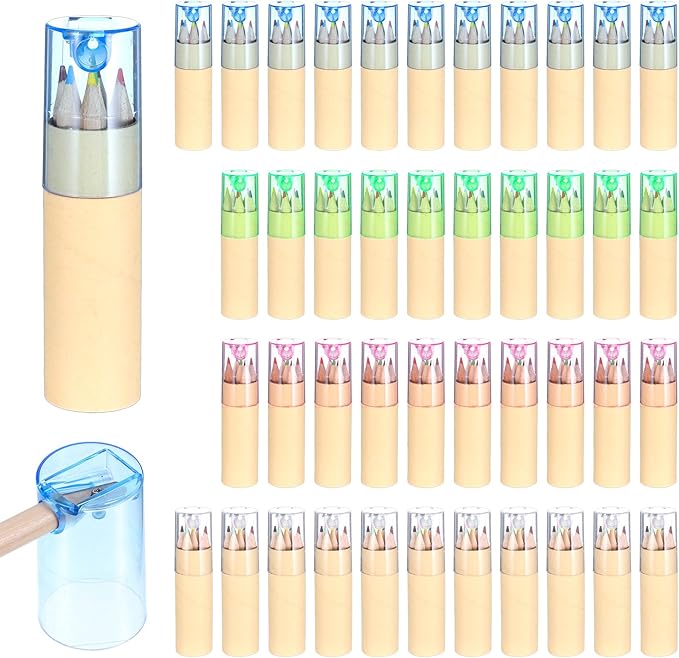 48Pack Mini Drawing Colored Pencils with Sharpener – 6 Assorted Colors in 4 Stylish Cap Tubes (Blue, Clear, Pink, Green) | Portable Art Supplies for Beginner, Learners & Artists | Ideal for Sketching,