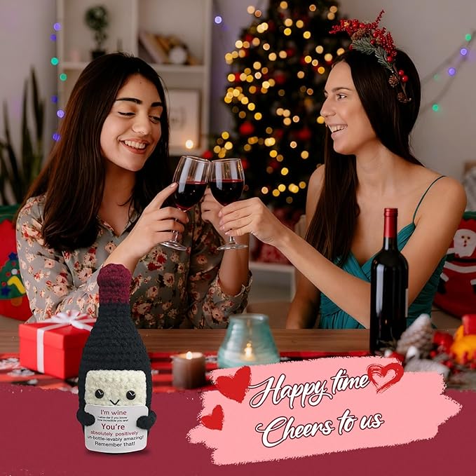Fouliki Funny Crochet Mini Wine Bottle - Valentine's Day Gift for WineLovers,Unique Handmade Emotional Support Wine Gifts,Cute Desk & Home Decor for Him or Her,Creative w-i-n-e Themed Gift Idea