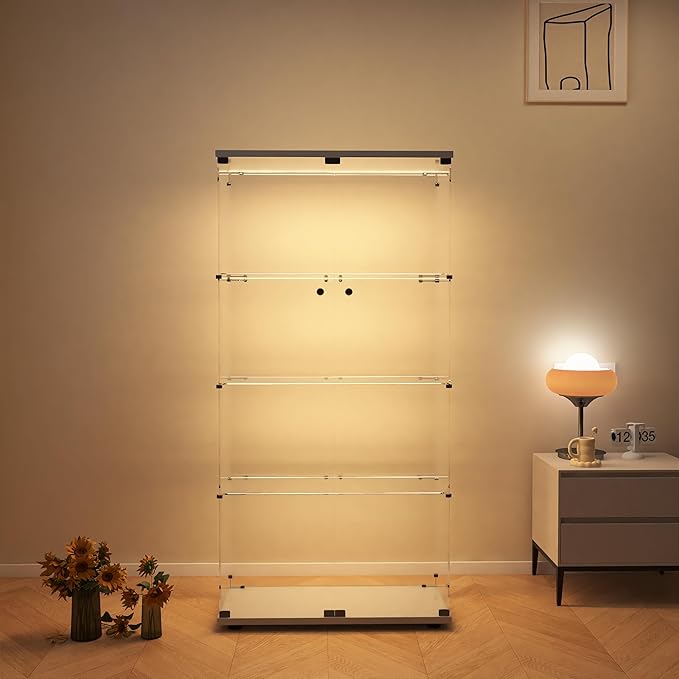 Modern 4-Tier Glass Display Shelf with 2 Doors, Curio Cabinet Collection - Floor Standing Display Case for Living Room, Bedroom, Home Office - 30" W x 14.5" D x 64" H (White with LED Light Strip)