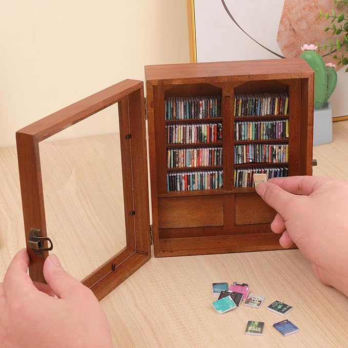 Anxiety Bookshelf with 200pcs Mini Books,Get rid of Your Anxiety Miniature Book Display Cabinet, Stress-Relief Bookshelf for Home Office Decor (Brown)