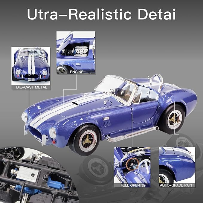 1964 Shelby Cobra 427S/C 1:18 Diecast - 7.0L V8 Semi-Competition | Opening Doors, Steering Linkage, Premium Gift Box | Ages 14+,Blue