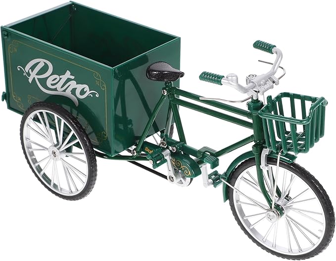 LOGOFUN Mini Tricycle Dollhouse 1:12 Miniature Vintage Vehicle Model Tiny Metal Tricycle Ornament for Micro Scene Outdoor Accessories - Green