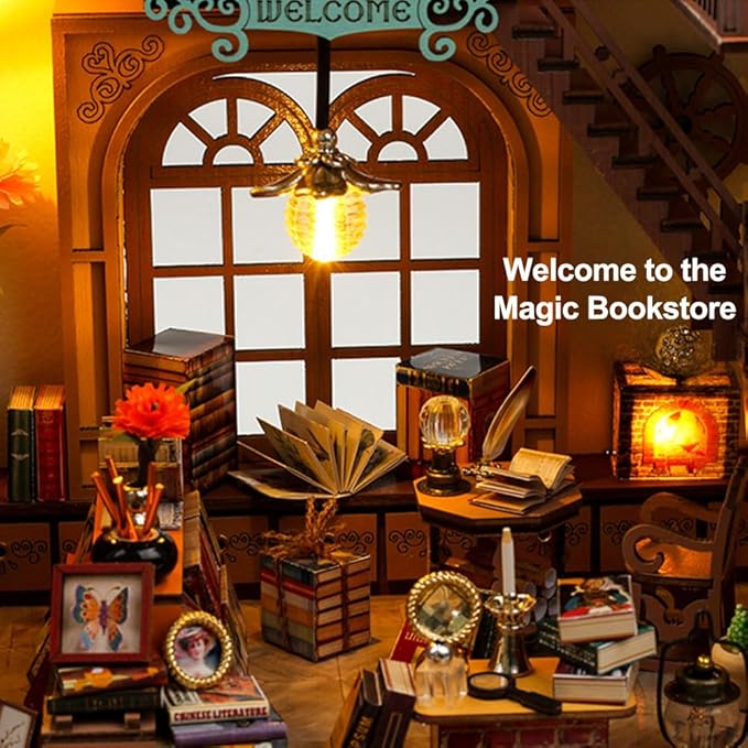 3D Wooden Magic Library Decorative Bookends - DIY Miniature House Tiny House 3D Wooden Puzzle Dollhouse Kit for Adults and Teens, Bookshelf Insert Decor, Model Build, Craft Gift for Family Friends