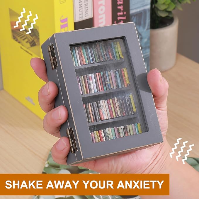 Anxiety Mini Bookshelf Ornament | Shake Away Your Anxiety Rustic Book Library With 100pcs Miniature Books | Wood Pocket Bookcase for Book Lovers Gift (Gray)