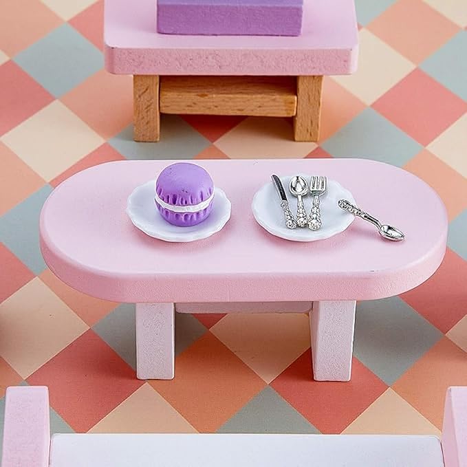 Skylety 8 Pieces 1: 12 Scale Minature Dollhouse Accessories Mini House Plates and 12 Spoons Knives Forks Metal Tableware Kitchen Accessories Miniatures Porcelain Plate Set Mini House Decoration