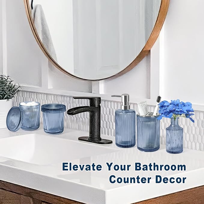 Blue Bathroom Accessories 5 Pcs, Glass Bathroom Accessory Set, Vintage Blue Bathroom Set, Royal Soap Dispenser and Toothbrush Holder Set, Qtip Holder, Small Flower Vase, Modern Bathroom Decor