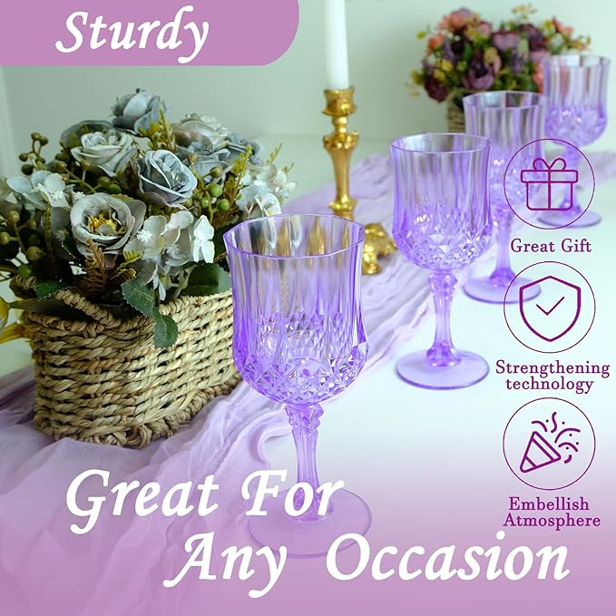 LEYIQU Plastic Wine Glasses, Plastic Goblets Vintage Style Cordial Drinking Glasses for Valentine’s Day, Wedding Reception, Grand Event Party Supplies (24, Purple)