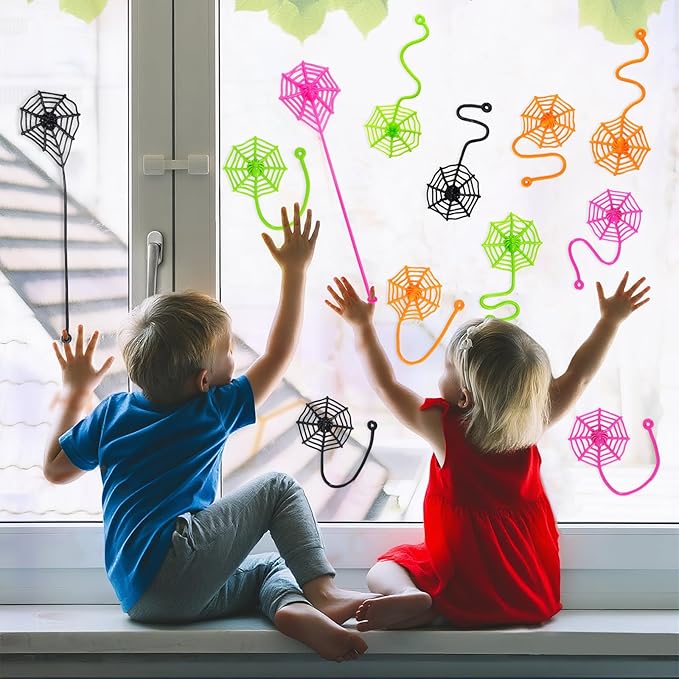 24 PCS Sticky Spider Web for Kids, 7.6 Inches Cobweb Sticky Hand Toys, Halloween Spider Party Favors for Goodie Bag Stuffers, Birthday, Classroom Prizes Supplies (4 Colors)
