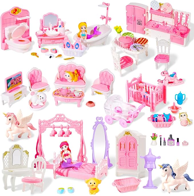 92 Pcs Miniature Furniture Set Accessories Mini Furniture Plastic Bedroom Living Room Bathroom Kitchen Kit Small Pink House for Birthday Gift