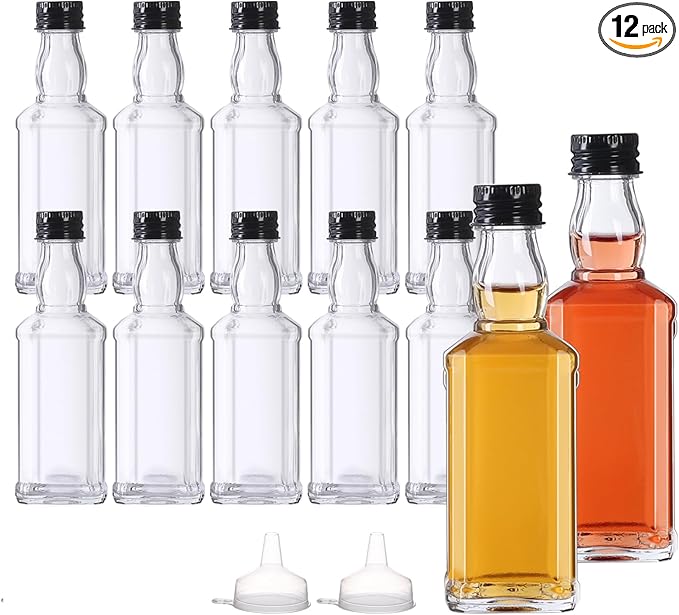 BPFY 12 Pack 3oz Glass Liquor Bottles with Lids, Empty Mini Alcohol Bottle, Small Whiskey Bottles for Cocktail, Tequila, Vodka, Wine