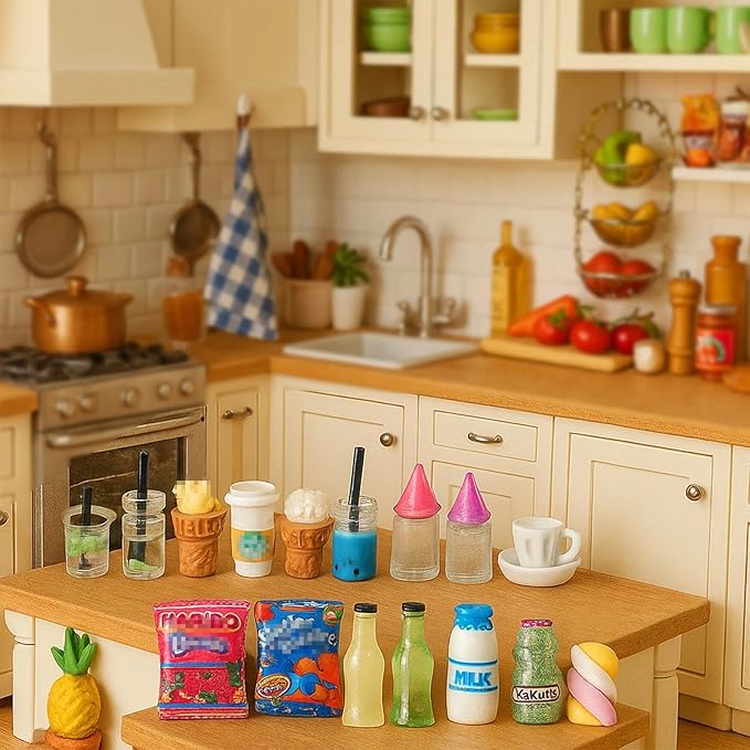 HKLMRO 150Pcs Miniature Food Drink Bottles Adults Dollhouse Soda Pop Cans Pretend Play Kitchen Cooking Game Party Accessories Toys Hamburger Cake Ice Cream Pizza Bread Tableware Doll House Landscape