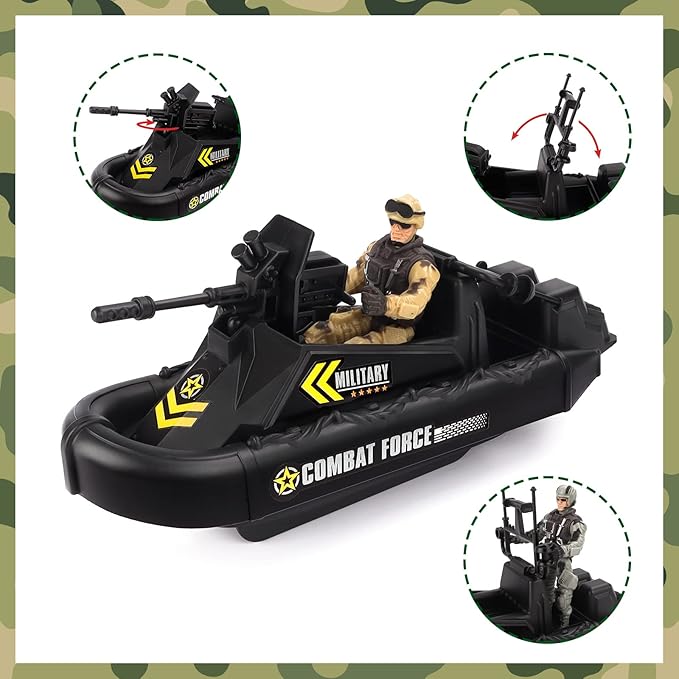deAO Military Vehicles Set - Combat Boat Toy with 2 Army Men Figures, Batter Boat and Other Weapon Gear Accessories, Great Gift for 3-5+ Boys
