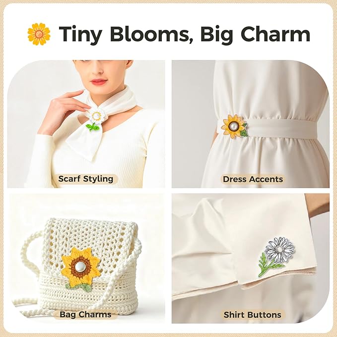2 Handmade Crochet & 2 Embroidered Button Covers for Women Blouses, Shirts & Jeans – No-Sew Floral Button Covers – Gift-Ready Stocking Stuffer for Mom & Women, White Elephant Gift, Christmas Gift