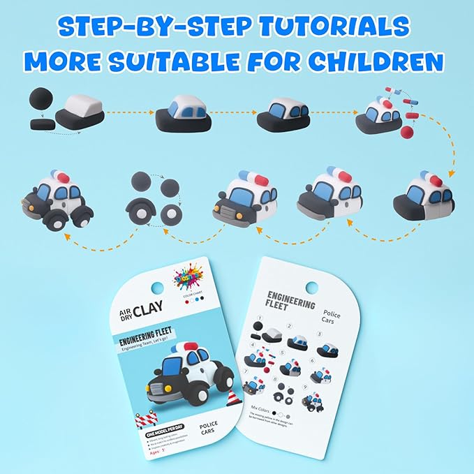 Air Dry Clay for Kids - 6 Vehicle Themed Modeling Clay Kit, Model Magic Clay with Sculpting Tools and Tutorials, Ultra Light & Soft, Non-Toxic & Safe, DIY Arts and Crafts School Projects for Kids
