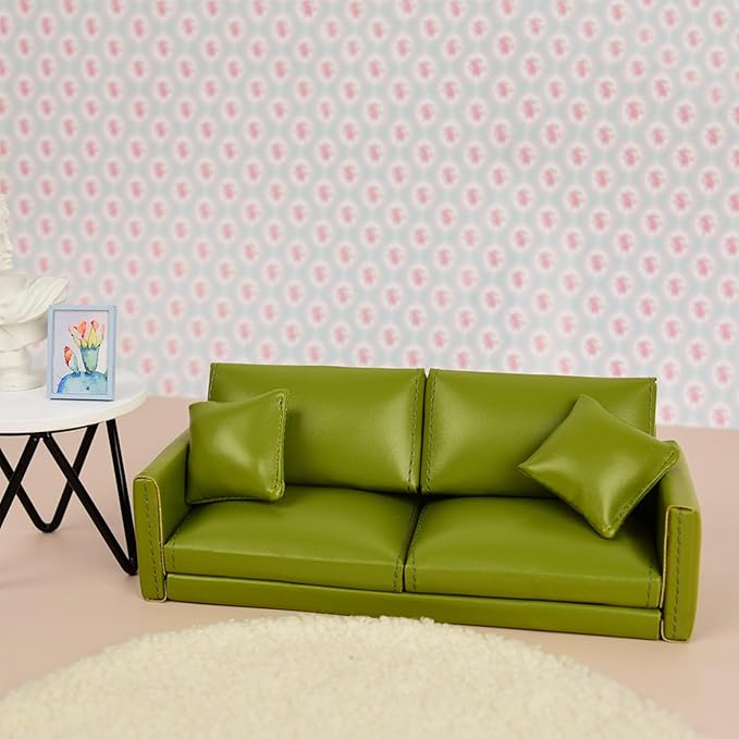 Minamzee 1:12 Dollhouse Leather Couch, Miniature Modern Double Sofa with Pillows, Dollhouse Luxury Couch Furniture Accessories for Living Room Bedroom (Pink)