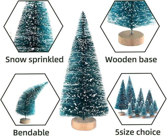 Yahpetes Christmas Trees 35 Pcs Artificial Sisal Trees Bottle Brush Trees Blue-Green Sisal Trees with Wood Base, Tabletop Xmas Trees for Christmas Decoration and Display, 4 Sizes(Blue-Green 35Pcs)