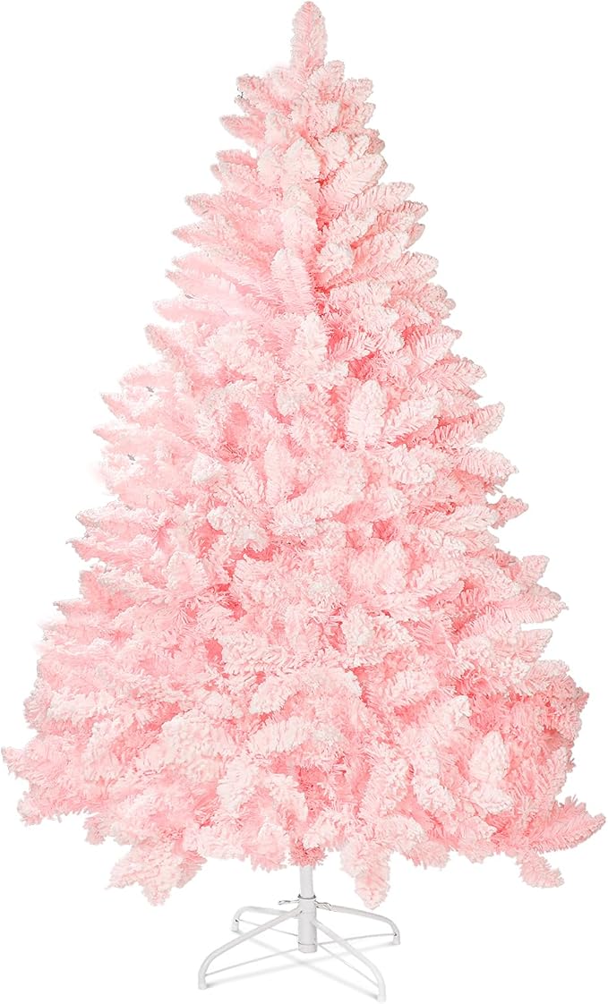 Incbruce 6ft Artificial Christmas Tree, Xmas Tree with 1,000 Branch Tips, Flocked Christmas Tree with Metal Stable Stand Base for Indoor and Outdoor Holiday Decoration(Pink)