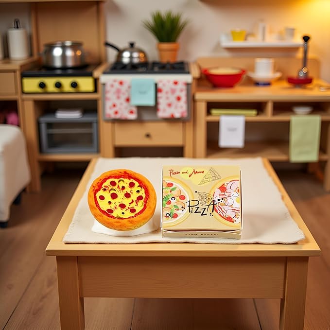 Jizlan 1 Set Miniature Pizza Box, 1:6 & 1:12 Scale Realistic Dollhouse Food Model Set, Yellow Resin Doll House Furniture Supplies for Pretend Play Kitchen