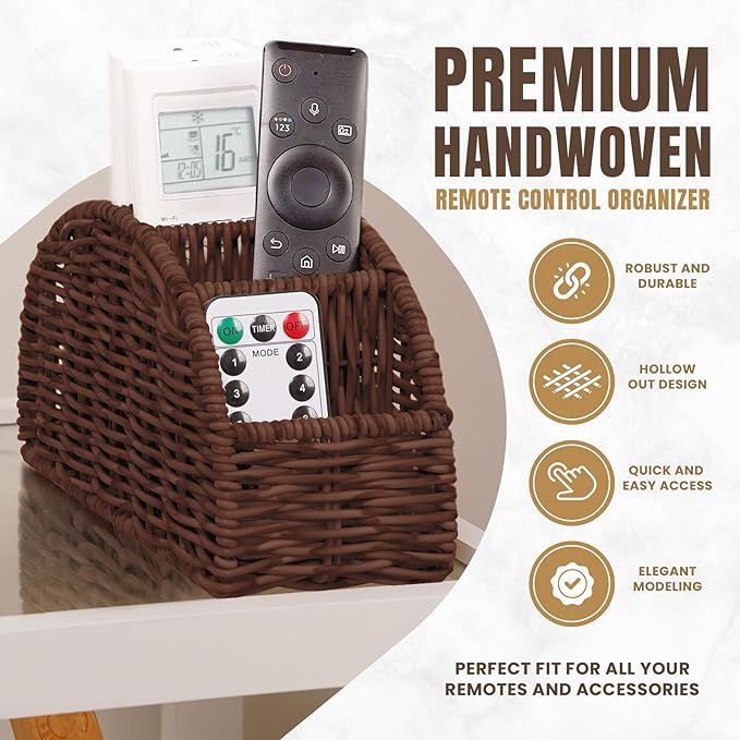 5-Compartment Remote Control Holder – Synthetic Rattan Organizer for TV Remotes, Makeup Brushes, Office Supplies, Stylish Wicker Desk Caddy for Living Room, Bedroom, Office, Patent Pending (Brown)