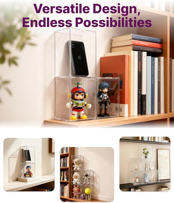 Clear Acrylic Display Case for Mini Figures, 6.7" Stackable Front-Open Box, Fits for Labubu, Molly, Crybaby, SKULLPANDA, Sonny Angel, Stitch, Dimoo, Hirono, Twinkle Twinkle, Sanrio & more Collectibles