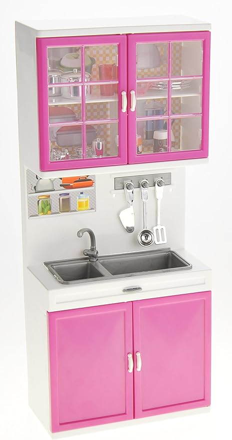 PowerTRC Doll Kitchen Play Set, Mini Modern Toy Kitchen Pretend Play Furnitures Toy Set Accessories Set with Realistic Light & Sound for Kids Toddlers Girls (3-in-1)