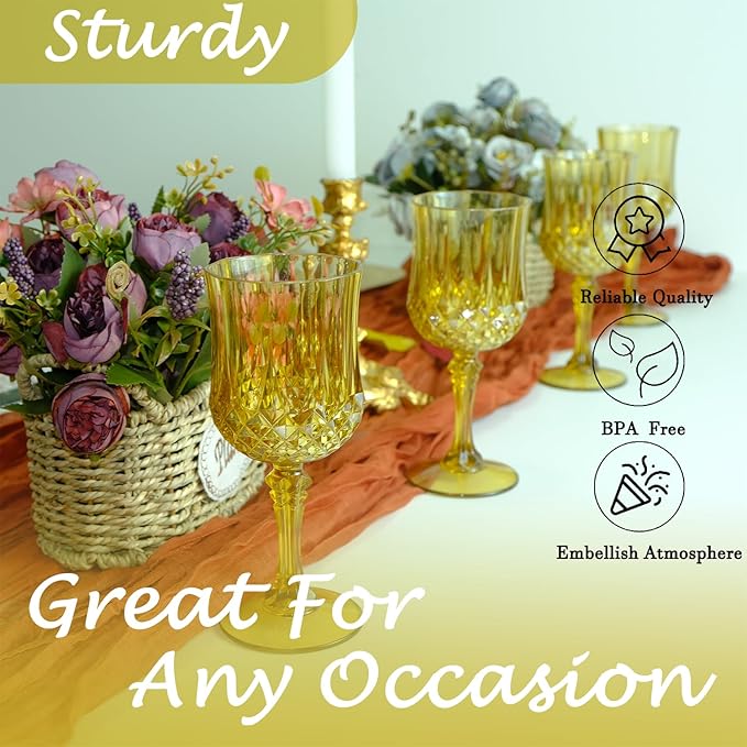 LEYIQU Plastic Wine Glasses, Plastic Goblets Vintage Style Cordial Drinking Glasses for Valentine’s Day, Wedding Reception, Grand Event Party Supplies (48, Gold)