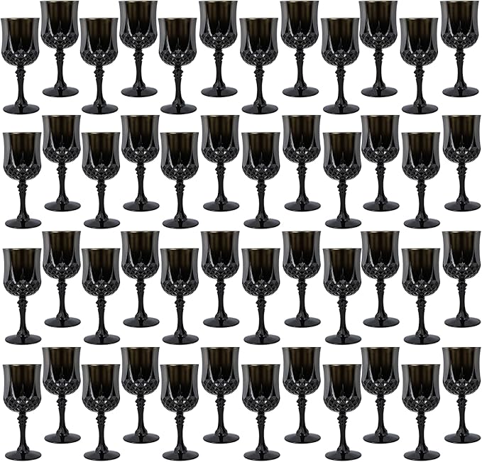 LEYIQU Plastic Wine Glasses, Plastic Goblets Vintage Style Cordial Drinking Glasses for Valentine’s Day, Wedding Reception, Grand Event Party Supplies (48, Black)
