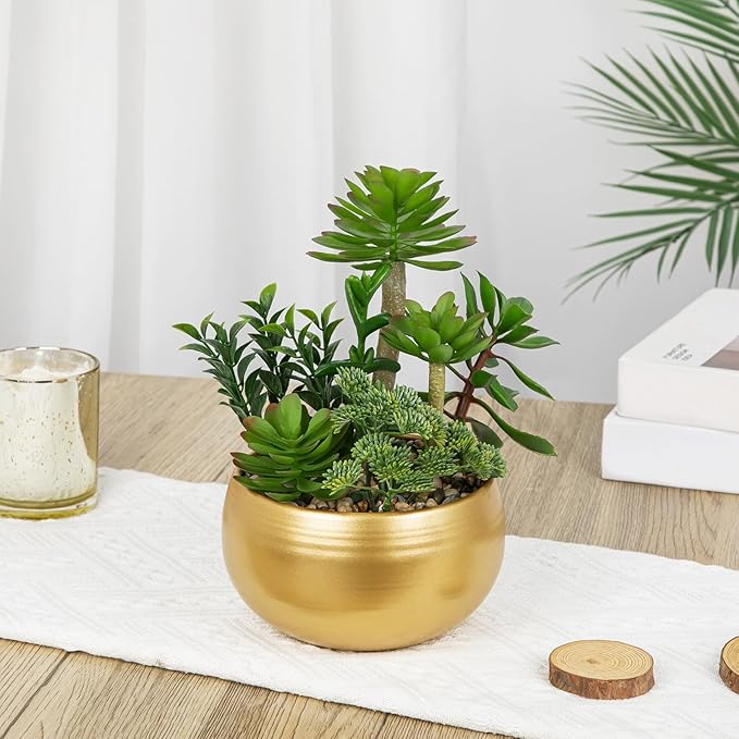DILATATA Artificial Succulent Plants in Gold Pot Faux Succulent Arrangement Fake Potted Plants with Pebbles for Home Office Desk Shelf Table Decor