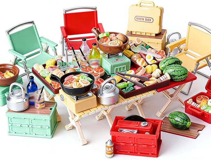 1/12 Scale Mini Realistic Camping Picnic Table and Chair Model Set, Dollhouse Food-Play Props, Prentend-Play Accessory Set (3-Color Camping Accessories + Food Items)