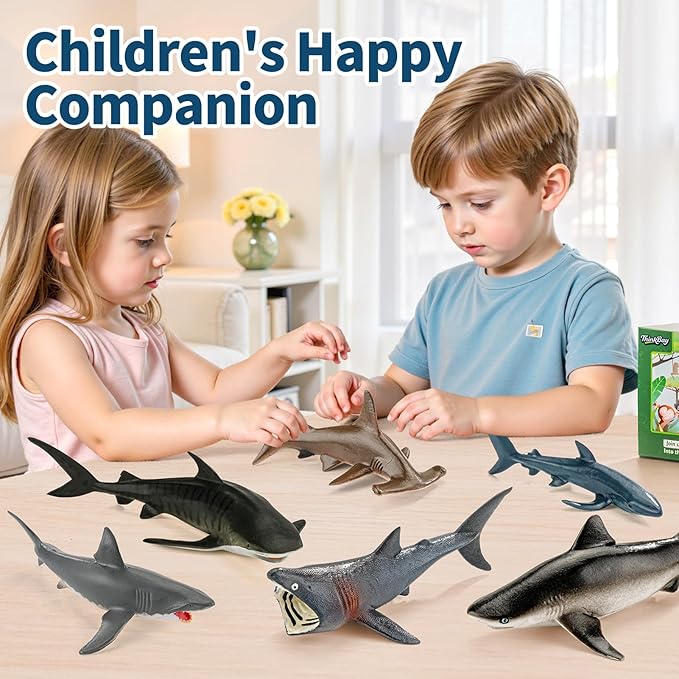 6PCS 5-7"L Realistic Shark Bath Toy for Kids, Plastic Sea Ocean Animals Figures Toys for Toddlers Includes Great White Shark Figurines Cake Toppers Birthday Party Favors & Gifts for Boy Girl